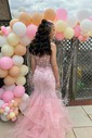 Mermaid Strapless Tulle Ruffle Prom Dresses With Appliques