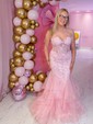Mermaid Strapless Tulle Ruffle Prom Dresses With Appliques