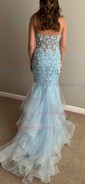Mermaid Strapless Tulle Ruffle Prom Dresses With Appliques