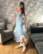 Mermaid Strapless Tulle Ruffle Prom Dresses With Appliques