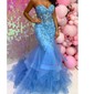 Mermaid Strapless Tulle Ruffle Prom Dresses With Appliques