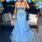 Mermaid Strapless Tulle Ruffle Prom Dresses With Appliques