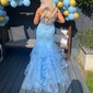 Mermaid Strapless Tulle Ruffle Prom Dresses With Appliques