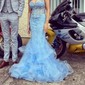 Mermaid Strapless Tulle Ruffle Prom Dresses With Appliques