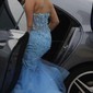 Mermaid Strapless Tulle Ruffle Prom Dresses With Appliques