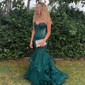 Mermaid Strapless Tulle Ruffle Prom Dresses With Appliques