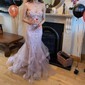 Mermaid Strapless Tulle Ruffle Prom Dresses With Appliques