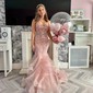 Mermaid Strapless Tulle Ruffle Prom Dresses With Appliques