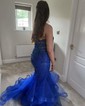 Mermaid Strapless Tulle Ruffle Prom Dresses With Appliques