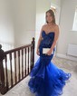 Mermaid Strapless Tulle Ruffle Prom Dresses With Appliques