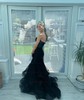 Mermaid Strapless Tulle Ruffle Prom Dresses With Appliques