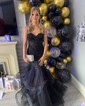 Mermaid Strapless Tulle Ruffle Prom Dresses With Appliques