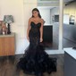 Mermaid Strapless Tulle Ruffle Prom Dresses With Appliques
