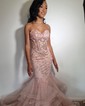 Mermaid Strapless Tulle Ruffle Prom Dresses With Appliques