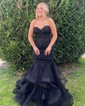 Mermaid Strapless Tulle Ruffle Prom Dresses With Appliques
