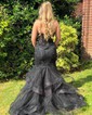 Mermaid Strapless Tulle Ruffle Prom Dresses With Appliques