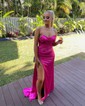 Sheath/Column Straight Silk-like Satin Sweep Train Prom Dresses With Beading