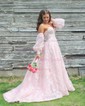 Ball Gown Sweetheart Lace Puff Sleeve Corset Prom Dresses
