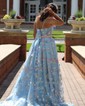 Ball Gown V-neck Tulle 3D Floral Prom Dresses With Appliques