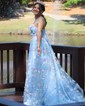 Ball Gown V-neck Tulle 3D Floral Prom Dresses With Appliques