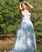Ball Gown V-neck Tulle 3D Floral Prom Dresses With Appliques