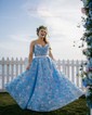 Ball Gown V-neck Tulle 3D Floral Prom Dresses With Appliques