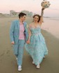 Ball Gown V-neck Tulle 3D Floral Prom Dresses With Appliques