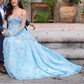 Ball Gown V-neck Tulle 3D Floral Prom Dresses With Appliques