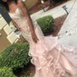 Mermaid Scoop Neck Tulle Ruffle Tiered Prom Dresses With Appliques