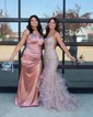 Mermaid Scoop Neck Tulle Ruffle Tiered Prom Dresses With Appliques