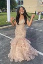 Mermaid Scoop Neck Tulle Ruffle Tiered Prom Dresses With Appliques