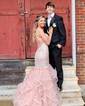 Mermaid Scoop Neck Tulle Ruffle Tiered Prom Dresses With Appliques