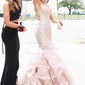 Mermaid Scoop Neck Tulle Ruffle Tiered Prom Dresses With Appliques