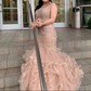 Mermaid Scoop Neck Tulle Ruffle Tiered Prom Dresses With Appliques