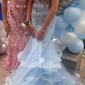 Mermaid V-neck Tulle Ruffle Tiered Prom Dresses With Appliques