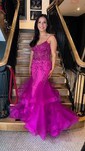 Mermaid V-neck Tulle Ruffle Tiered Prom Dresses With Appliques