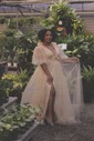 Ball Gown V-neck Puff Sleeve Chiffon Prom Dresses With Ruched