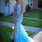 Trumpet/Mermaid V-neck Tulle Sweep Train Prom Dresses With Appliques Lace