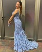 Trumpet/Mermaid V-neck Tulle Sweep Train Prom Dresses With Appliques Lace