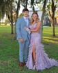 Trumpet/Mermaid V-neck Tulle Sweep Train Prom Dresses With Appliques Lace