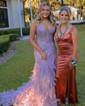 Trumpet/Mermaid V-neck Tulle Sweep Train Prom Dresses With Appliques Lace
