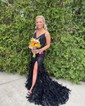 Trumpet/Mermaid V-neck Tulle Sweep Train Prom Dresses With Appliques Lace