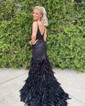 Trumpet/Mermaid V-neck Tulle Sweep Train Prom Dresses With Appliques Lace