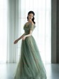 Ball Gown Off-the-shoulder Tulle 3D Floral Prom Dresses With Beading