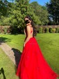 Red Ball Gown V-neck Tulle Prom Dresses With Appliques