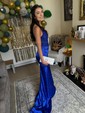 Sheath/Column V-neck Lace Satin Corset Prom Dresses With Beading