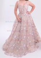 Ball Gown Square Neck Lace Floor-length Floral Prom Dresses