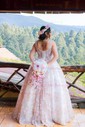 Ball Gown Square Neck Lace Floor-length Floral Prom Dresses