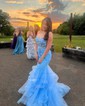Mermaid Strapless Tulle Tiered Prom Dresses With Appliques