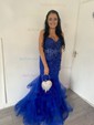 Mermaid Strapless Tulle Tiered Prom Dresses With Appliques